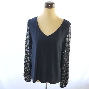 Ranni Nicale Everings Navy Blouse with Sheer Gold Polkadot Sleeves - XL